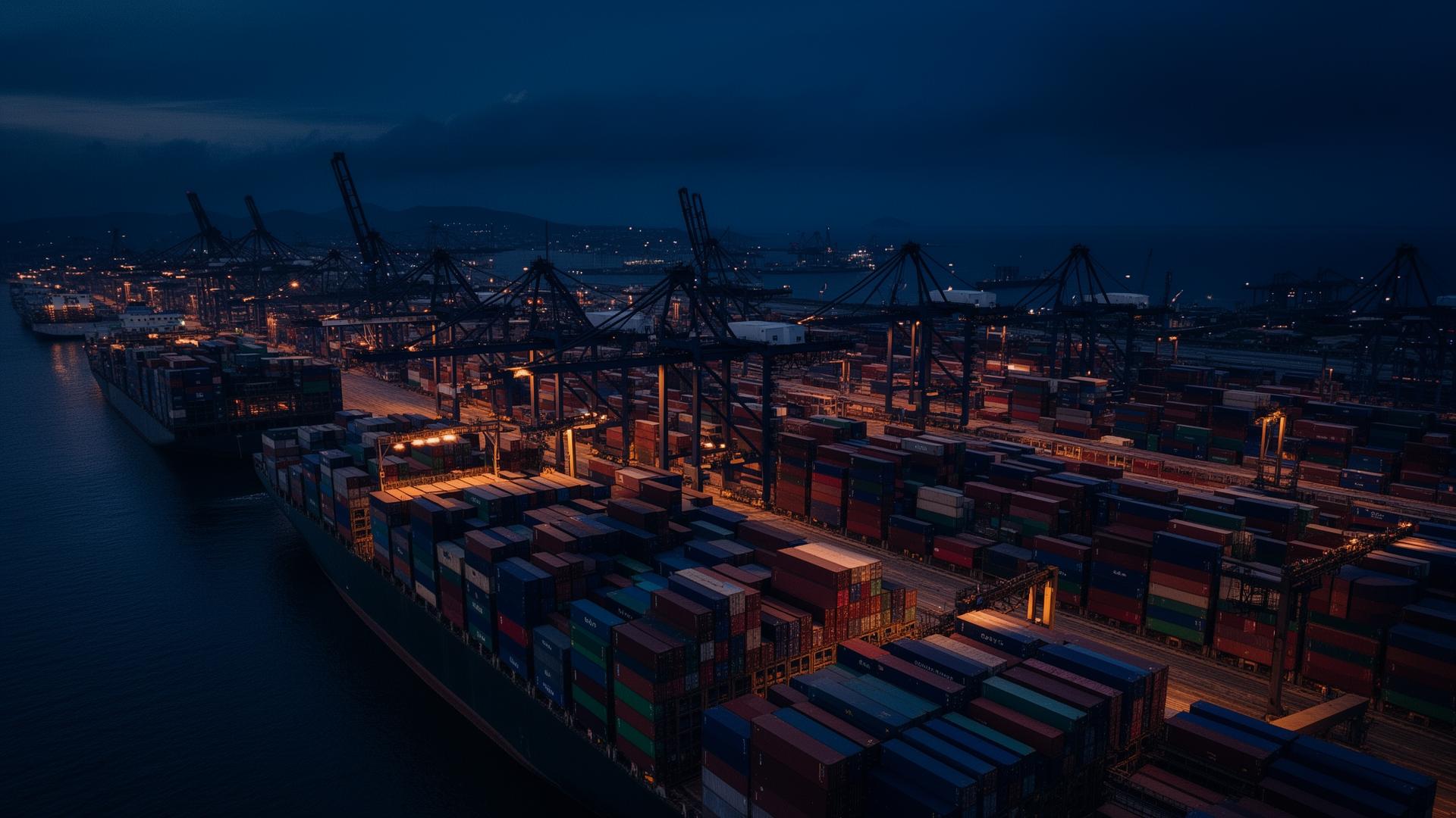Container port at dusk